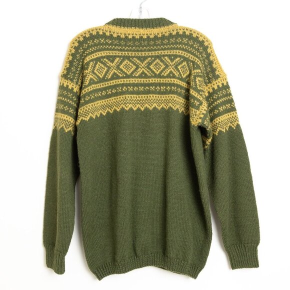 Vintage Marius Norwegian Sweater Wool Cardigan Hand Knit Ski 80s Green Yellow - Picture 2 of 16